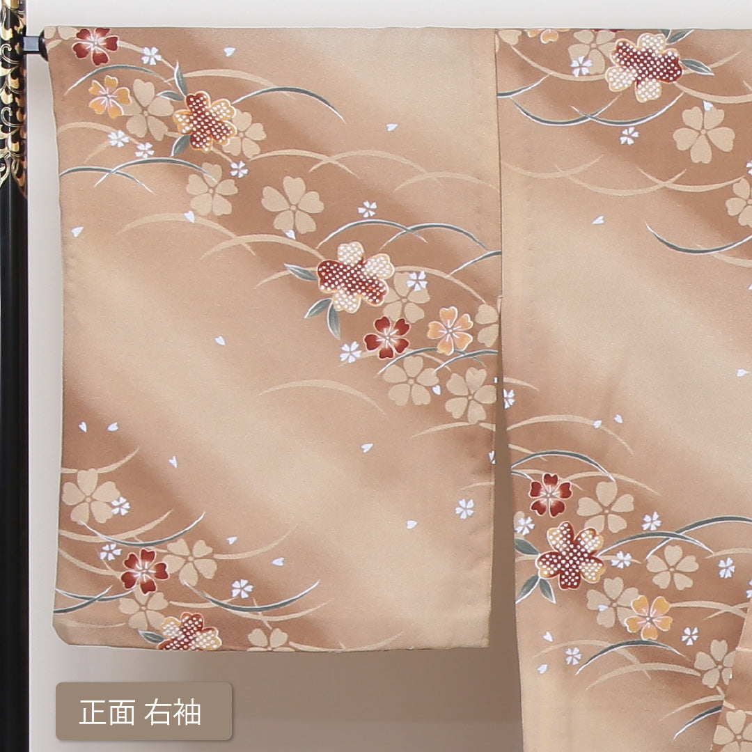 小紋 洗える着物 単衣 身丈164cm 裄丈66cm ポリエステル Aランク Lサイズ 広衿 インフォーマル 芝草 桜 茶系 1215-01188