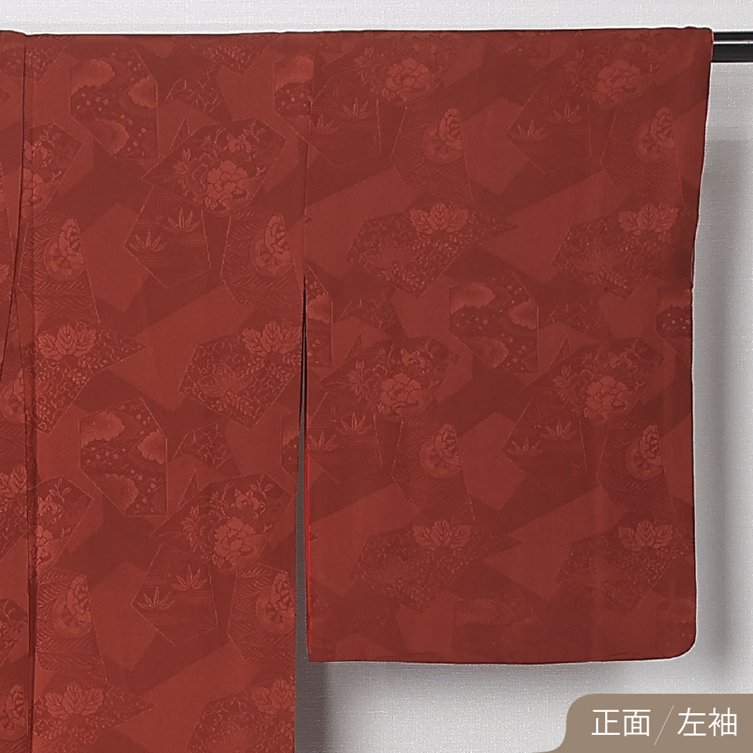 アンティーク 錦紗 色留袖 一つ紋 蔦 身丈154cm 裄丈65cm Aランク 正絹 袷 バチ衿 S 刺繍 向かい鳥 梅 紅葉 古典的 格調高い 赤系 1211-F0510