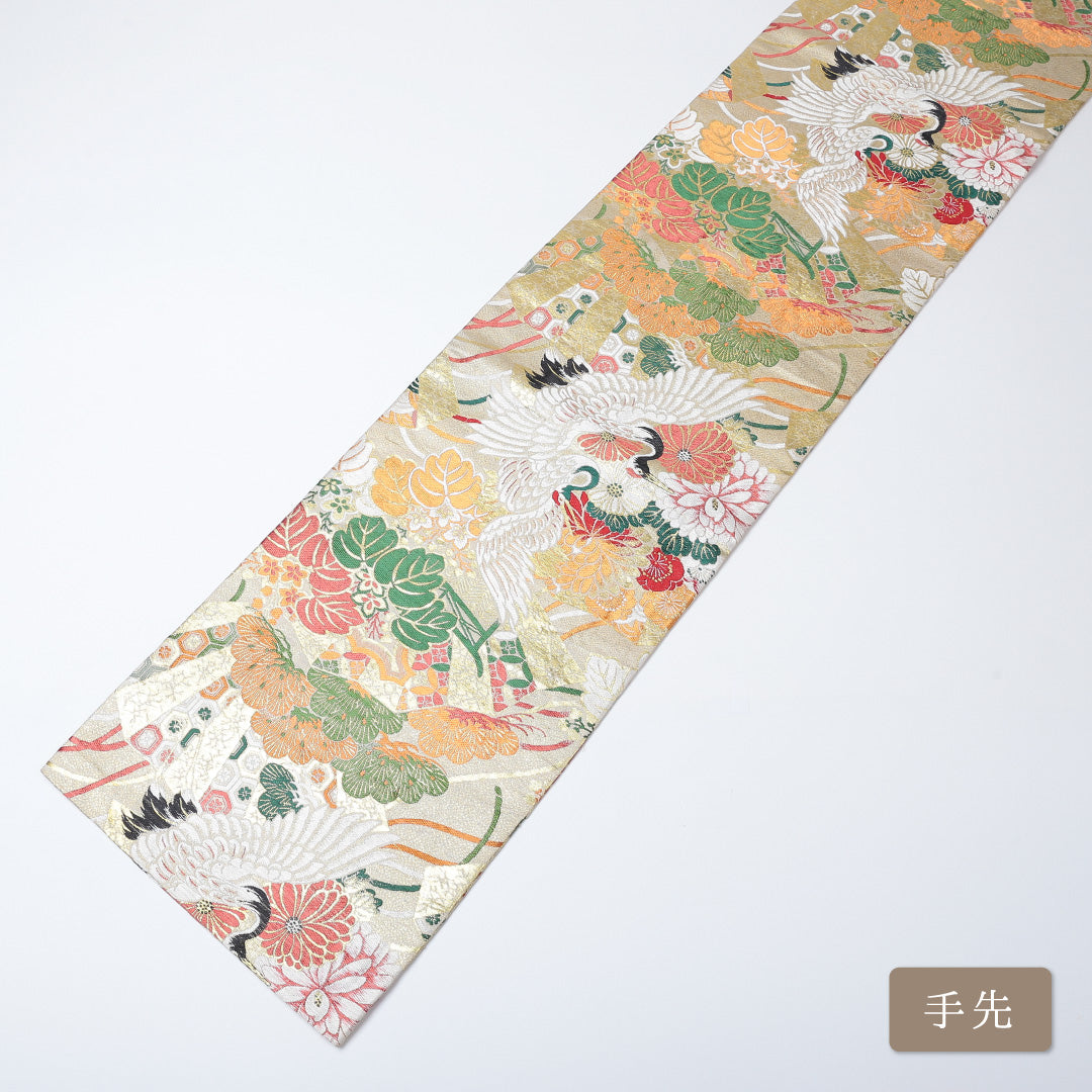 アンティーク 丸帯 帯丈400cm 全通 唐織 吉祥文様 鶴 フォーマル 金系 正絹 Aランク 1223-00581