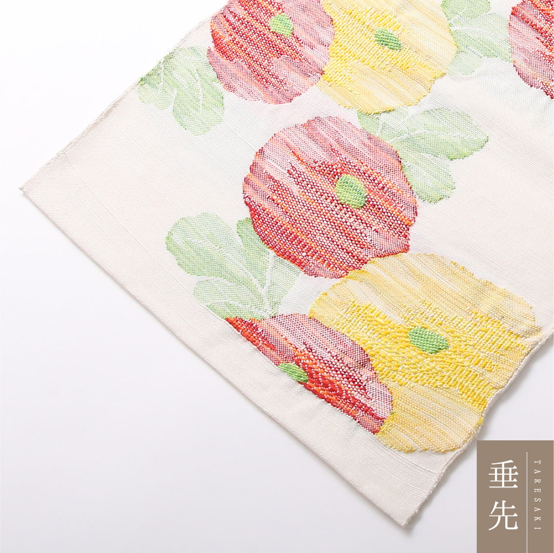 八寸名古屋帯 Aランク 帯丈361cm 正絹 六通 松葉仕立て 染め カジュアル 紬 琳派 椿 クリーム系 RP 1245-03065