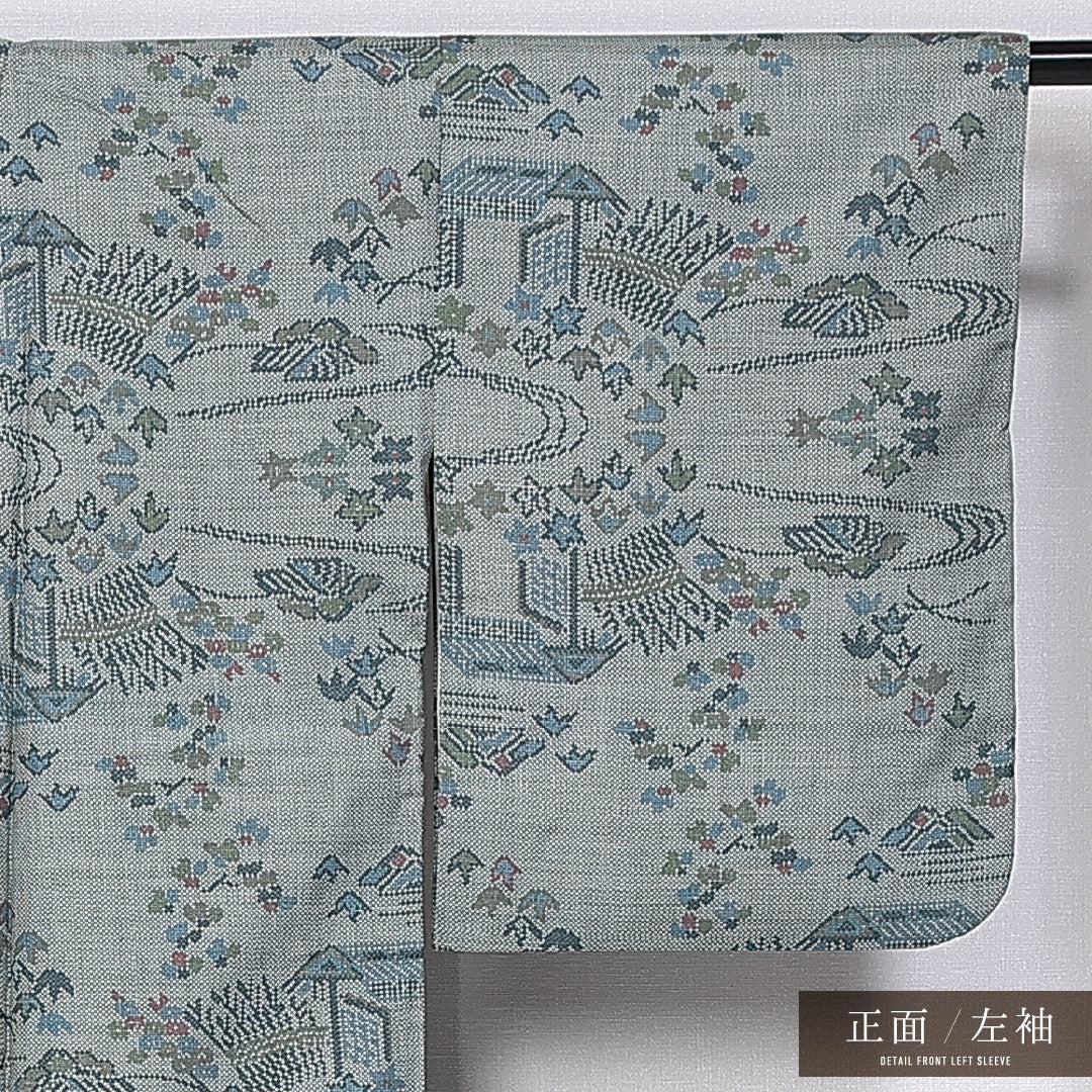 大島紬 袷 身丈162cm 裄丈64cm 正絹 Sランク インフォーマル バチ衿 Lサイズ 茶屋辻 緑系 RP 1223-11244