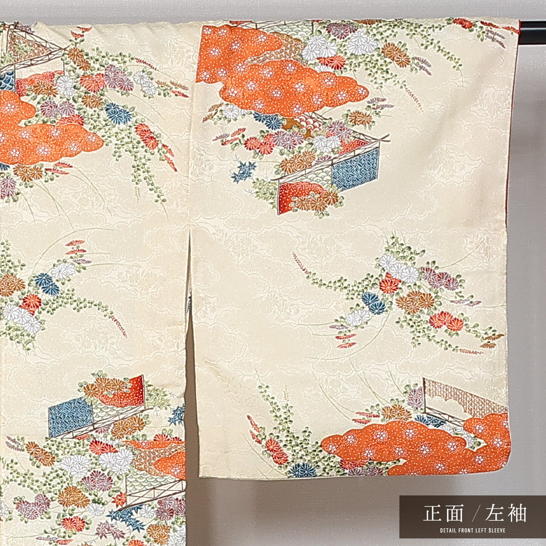 洗える着物 小紋 袷 身丈155cm 裄丈65cm ポリエステル Sランク インフォーマル 広衿 Mサイズ 御所解 クリーム系 RP 1221-11938