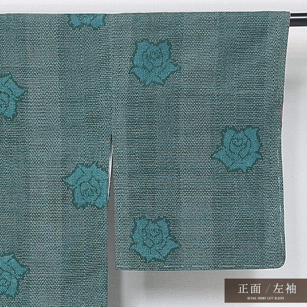 紬 袷 身丈152cm 裄丈63cm 正絹 Aランク カジュアル 広衿 Sサイズ 縞 薔薇 緑系 HP 1223-11903