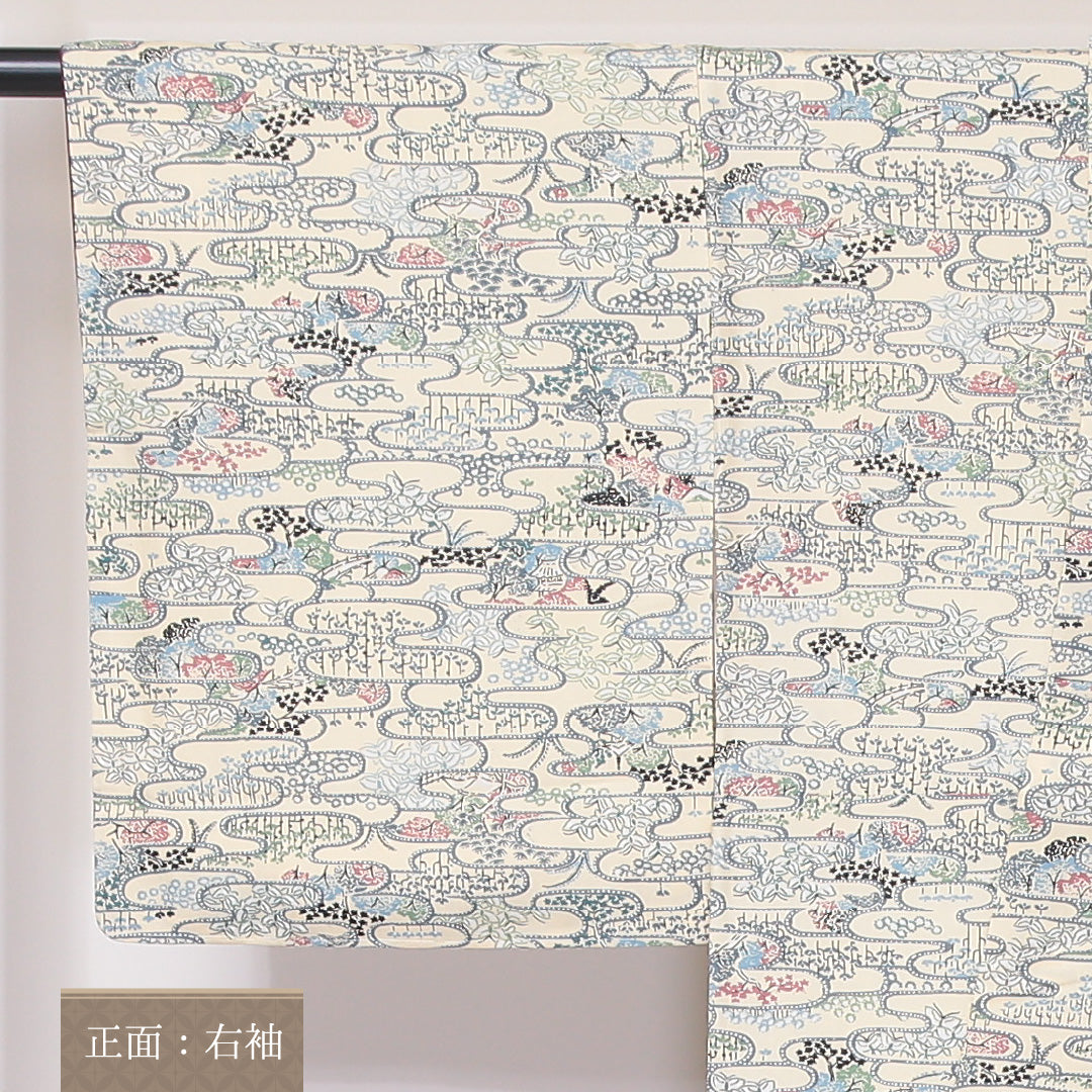 小紋 袷 身丈155cm 裄62.5cm ポリエステル 洗える着物 茶屋辻 クリーム系 Bランク 1215-02261