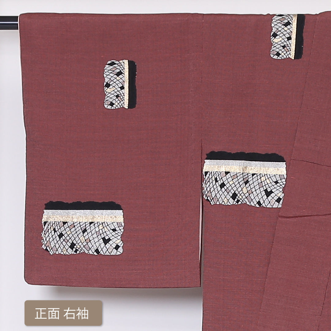 お召 袷 身丈155cm 裄丈64cm 正絹 Aランク インフォーマル 広衿 Mサイズ 創作柄 茶系 RP 1222-03279