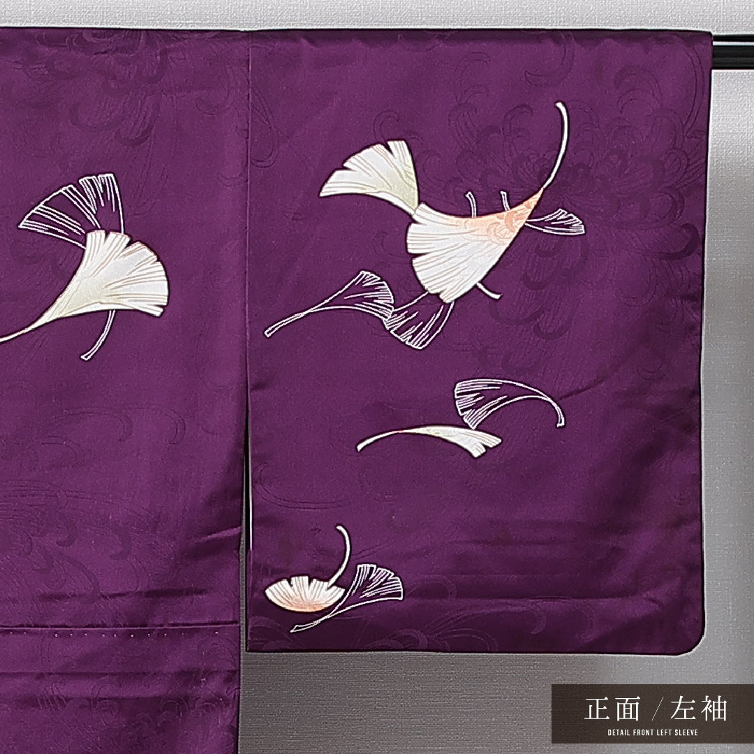 訪問着 洗える着物 袷 身丈157cm 裄丈64cm ポリエステル Cランク Mサイズ 広衿 セミフォーマル 紋意匠 菊 銀杏 紫系 1212-14992