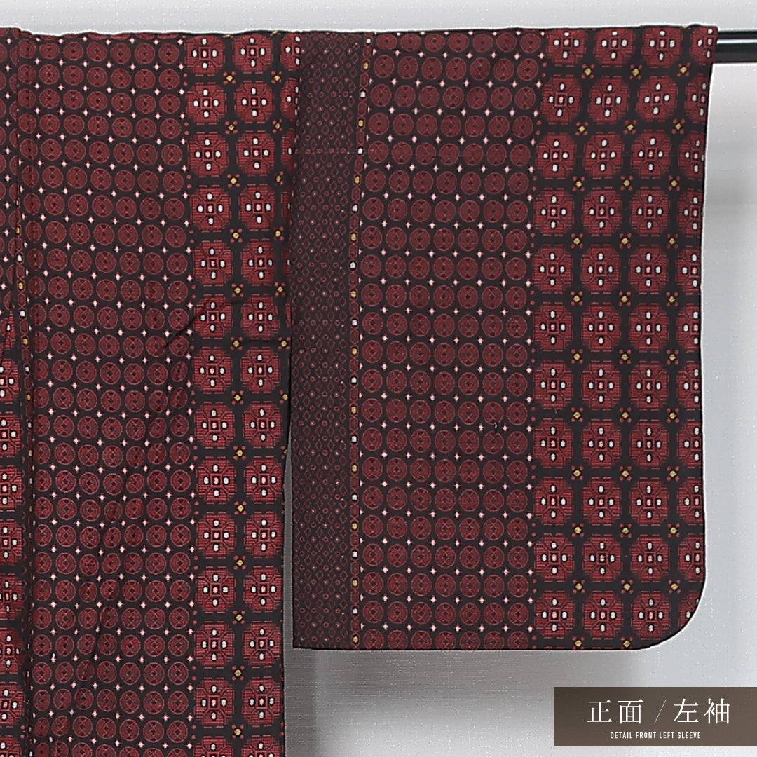 アンティーク お召 身丈154.5cm 裄丈62cm Aランク S 正絹 袷 バチ衿 レトロ 蜀江 菱 赤系 1265-11998