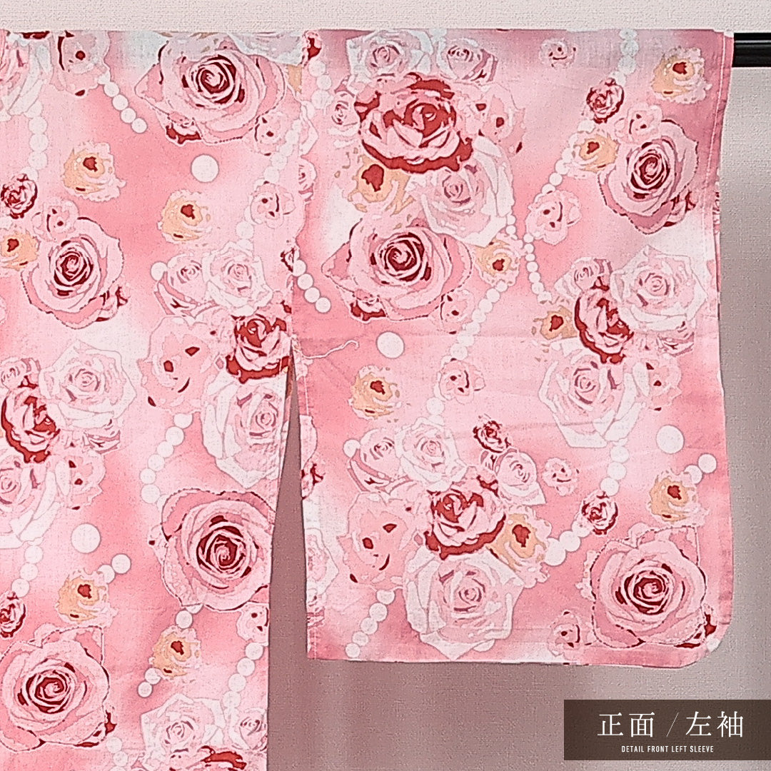 浴衣 夏物 洗える着物 身丈160cm 裄丈62cm Sランク 木綿 バチ衿 Lサイズ カジュアル 薔薇 華やか 軽やか ピンク系 1218-14186
