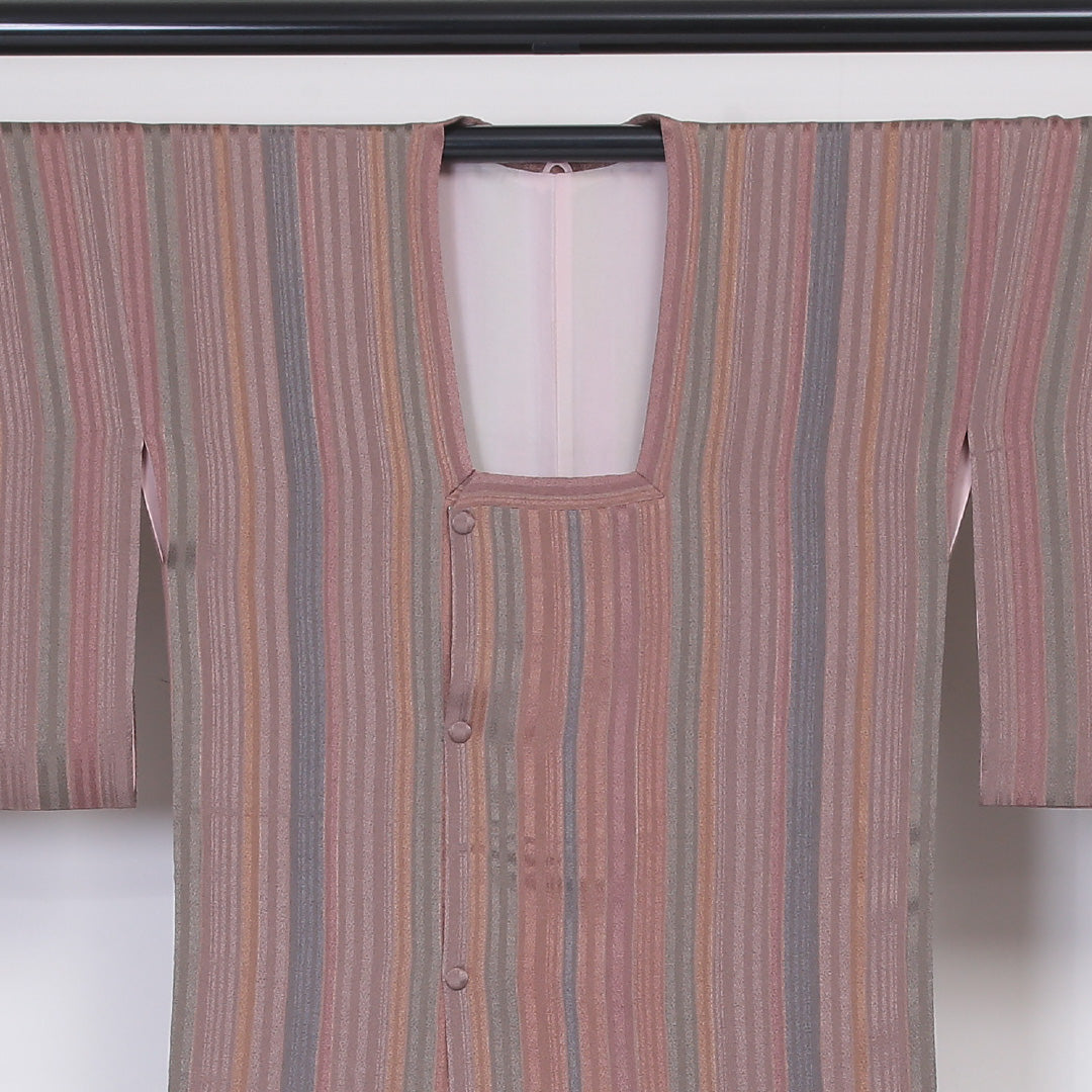 道行コート 袷 身丈91cm 裄丈65cm 正絹 Sランク Mサイズ フォーマル ガード加工 縞 ピンク系 ベージュ系 1263-05888