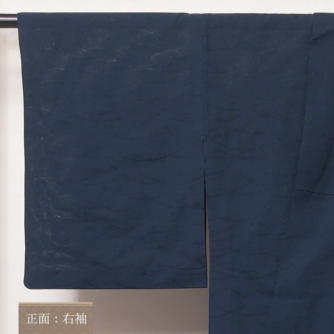 色無地 夏紬 身丈154cm 裄62.5cm 正絹 地紋なし ふくれ織 露芝草 紺系 Sランク 1214-00429