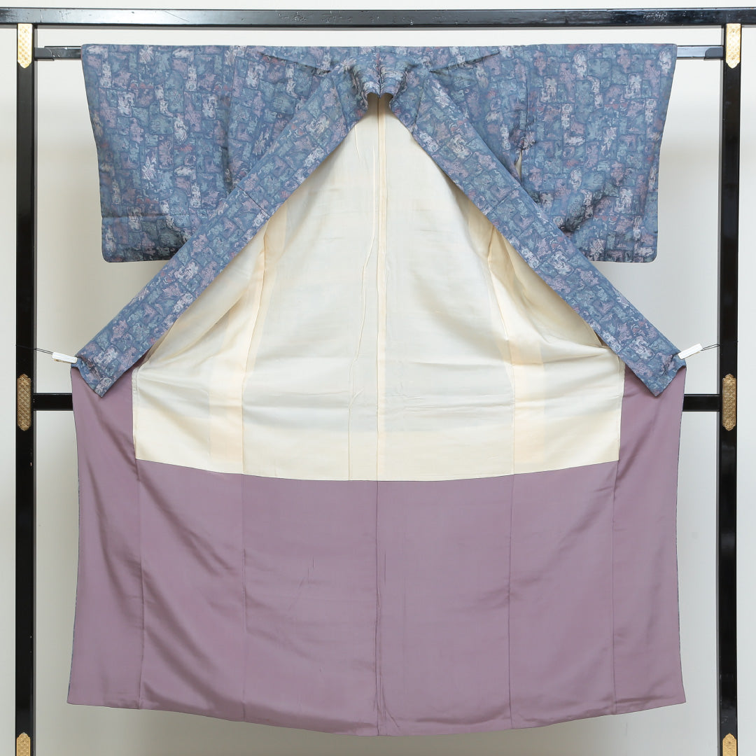 紬 袷 身丈150cm 裄丈62cm 正絹 Cランク Sサイズ 広衿 カジュアル 創作柄 青系 1216-00761