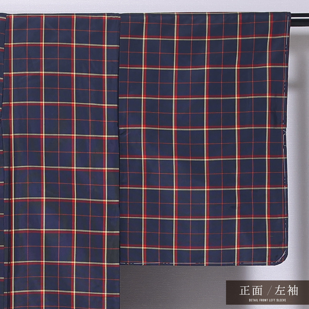 紬 袷 身丈159cm 裄丈63cm 正絹 Aランク カジュアル 広衿 Mサイズ 格子 紺系 RP 1223-11710