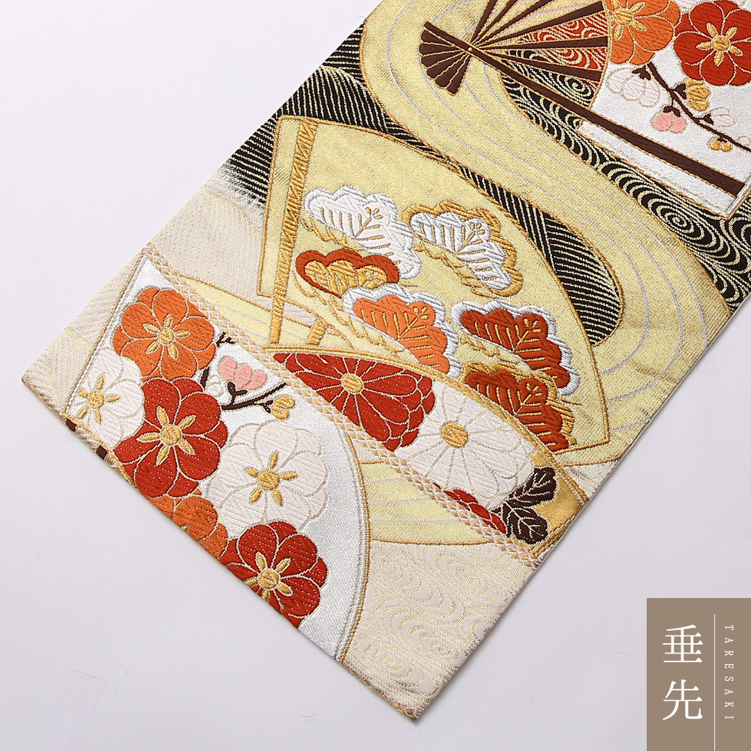 振袖用 袋帯 帯丈432cm 正絹 六通 唐織 扇流し 金系 1243-01550