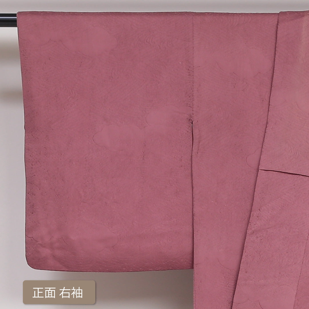 色無地 袷 身丈154cm 裄丈62cm 正絹 Aランク 一つ紋 (五三桐) 紋意匠 (波頭に雲取) セミフォーマル 広衿 Sサイズ ピンク系 M4 1219-05172