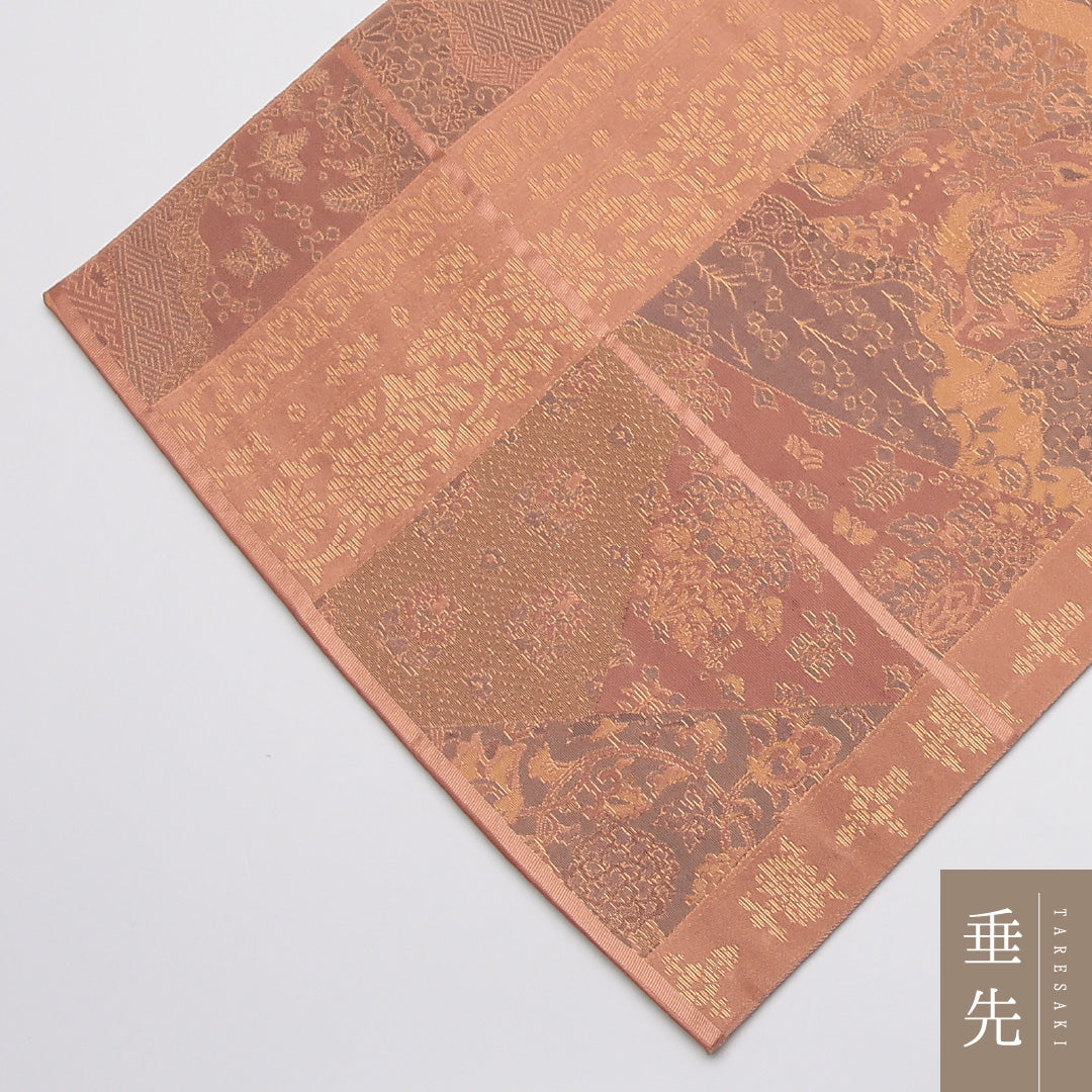 袋帯 帯丈444cm 正絹 六通 セミフォーマル 名物裂 朱系 金系 1243-01177