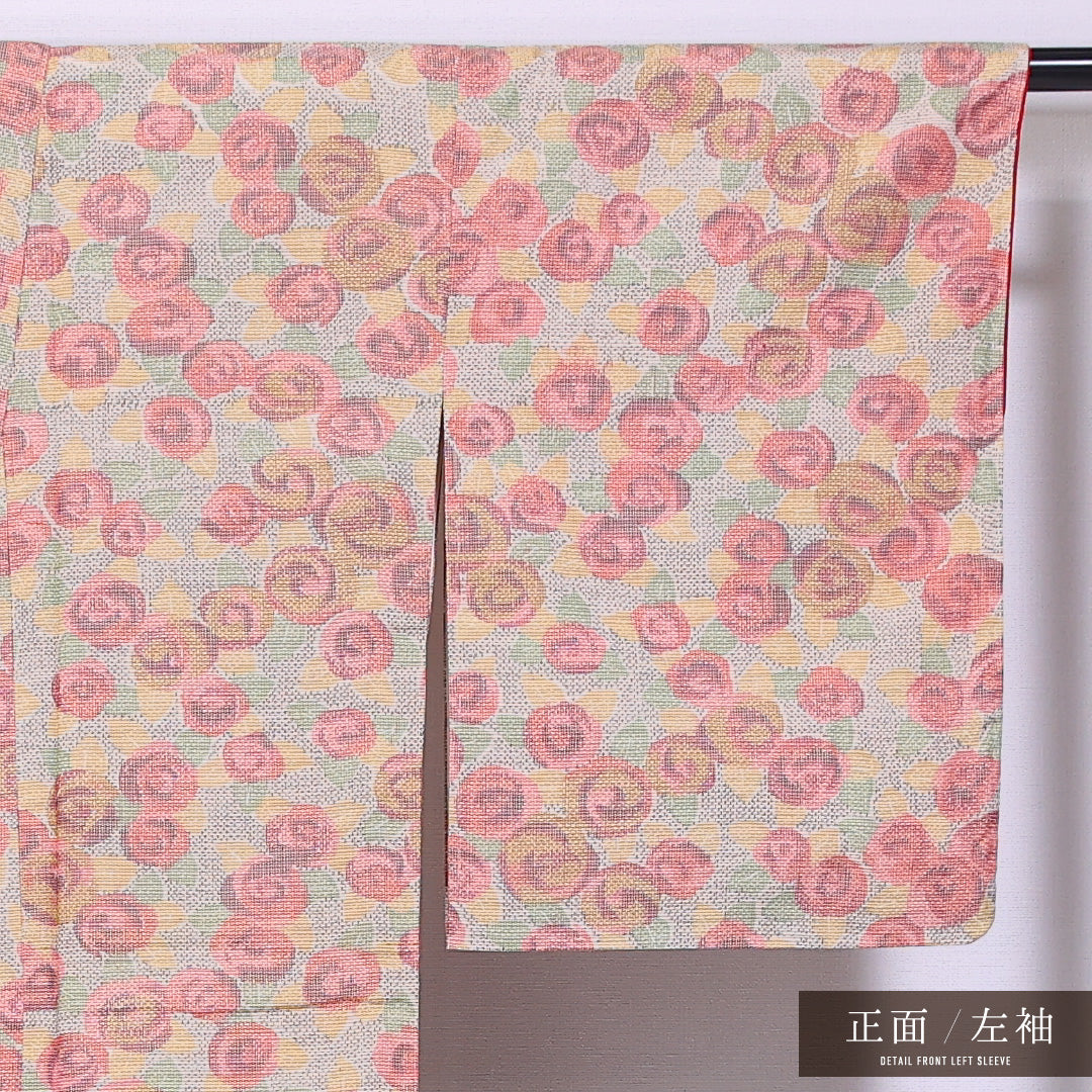 大島紬 袷 身丈155cm 裄丈63cm 正絹 Sランク インフォーマル バチ衿 Mサイズ 薔薇 ピンク系 M4 1223-11596