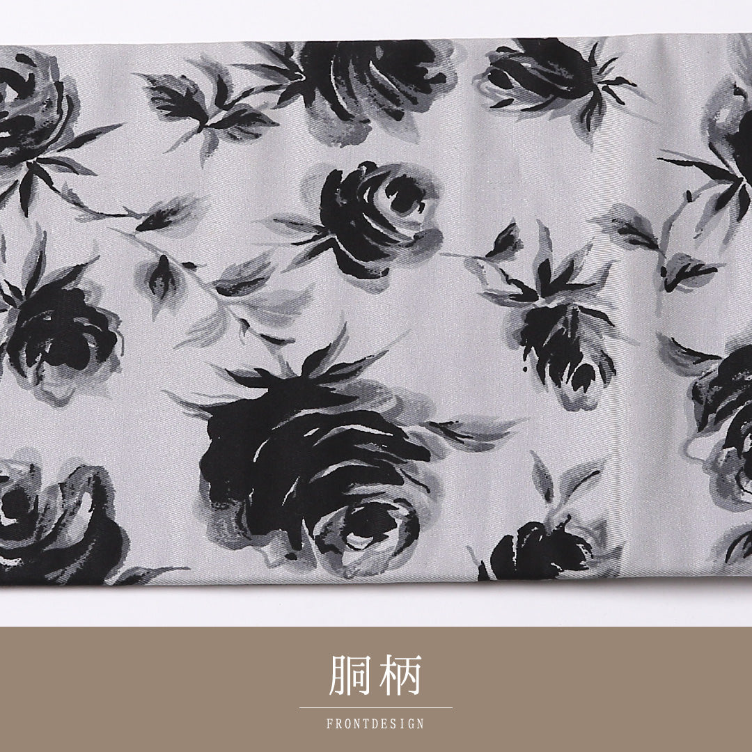 九寸 名古屋帯 帯丈333cm 名古屋仕立て 全通 Cランク カジュアル 正絹 薔薇 写実的 モダン グレー系 1224-02778