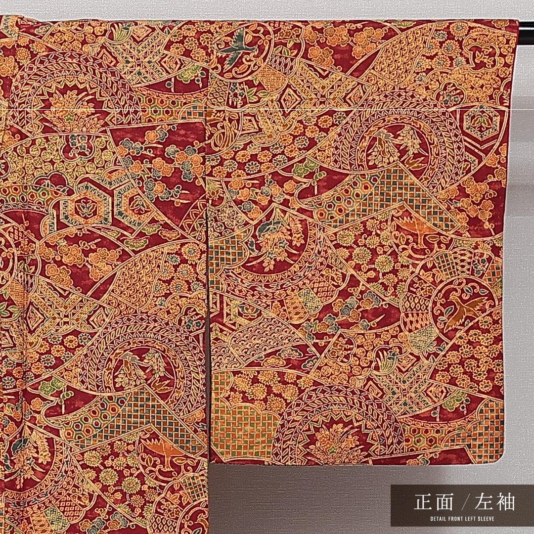 小紋 袷 身丈154cm 裄丈61cm 正絹 Sランク インフォーマル バチ衿 Sサイズ 鏡裏文 茶系 RP 1221-14370