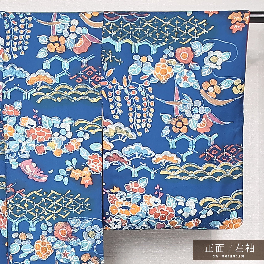 小紋 袷 身丈160cm 裄丈62cm 正絹 Sランク インフォーマル バチ衿 Lサイズ 梅 松 吉祥文様 青系 RP 1221-13193