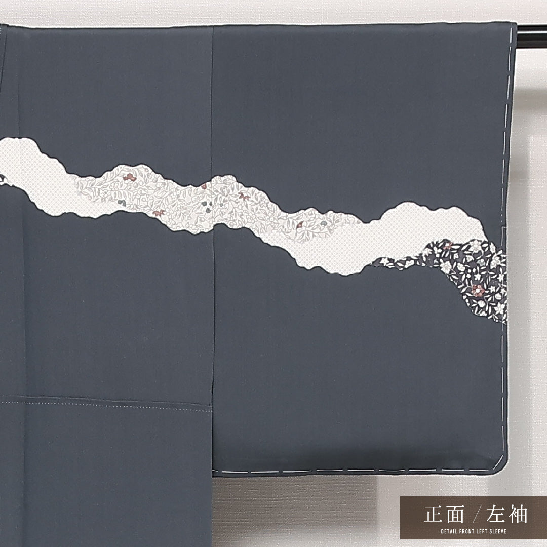 訪問着 袷 身丈158cm 裄丈63cm 正絹 Sランク セミフォーマル 広衿 Mサイズ 道長取り 花柄 上品 落ち着き グレー系 M4 1217-13246