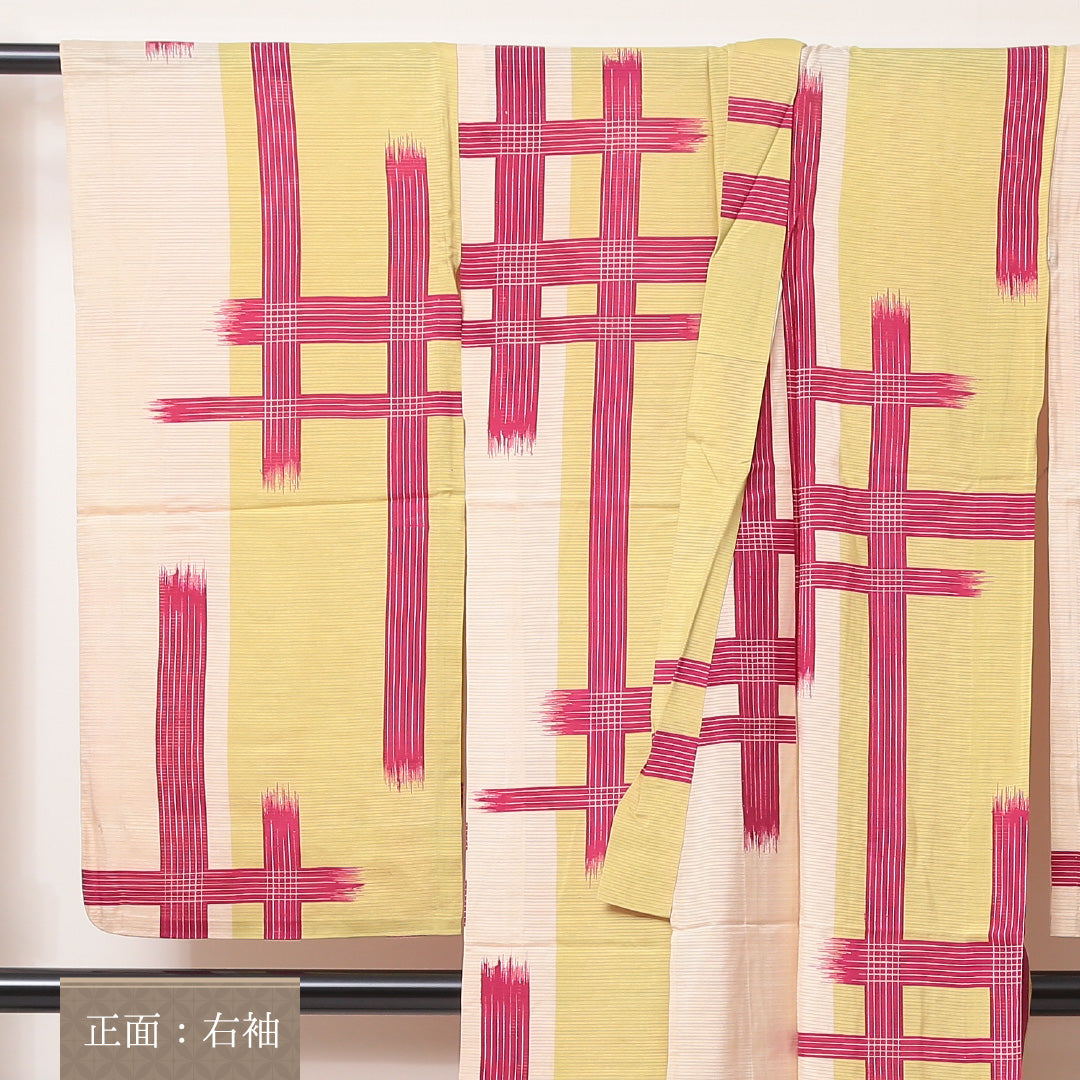 アンティーク 夏物 小紋 絽 身丈145cm 裄丈62cm 正絹 Cランク バチ衿 XSサイズ 井絣 黄系 RP 1221-02172