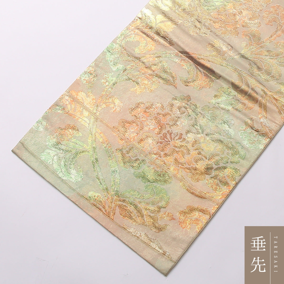 袋帯 帯丈418cm 正絹 六通 セミフォーマル 唐草華文 クリーム系 1243-01549