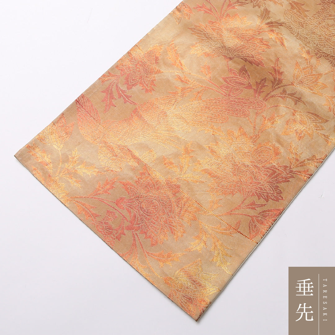 袋帯 帯丈416cm 正絹 六通 帯端のみ未仕立て 帯芯なし フォーマル 唐草鳳凰文 金系 ベージュ系 1243-01618