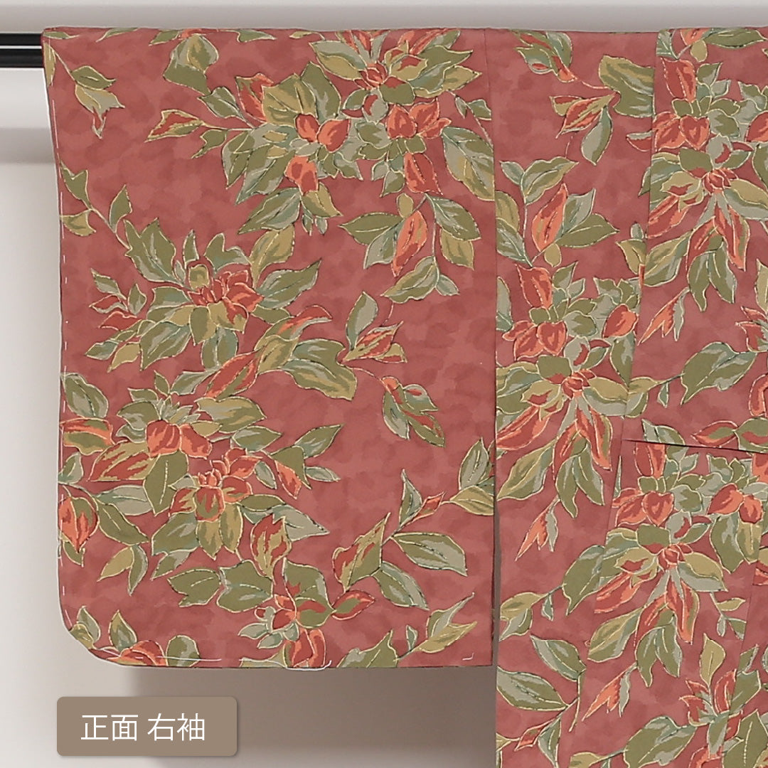 小紋 袷 身丈152cm 裄丈63cm 正絹 Aランク インフォーマル 広衿 Sサイズ 植物柄 ピンク系 HP 1221-01663