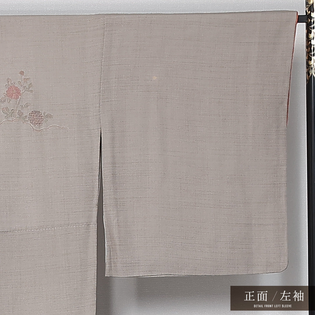 訪問着 身丈165cm 裄丈68cm Bランク XL 正絹 袷 広衿 蘇州刺繍 相良刺繍 汕頭刺繍 御所車 ぼかし 菊 松 セミフォーマル グレー系 1212-12035