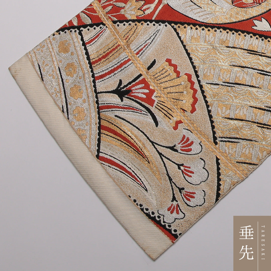 アンティーク 袋帯 帯丈418cm 正絹 六通 孔雀 花柄 クリーム系 1243-01357