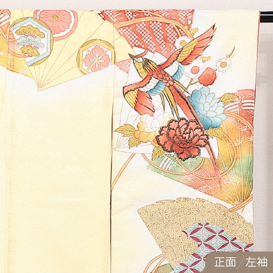 振袖 身丈164cm 裄丈65cm Cランク ポリエステル 洗える着物 袷 広衿 L 刺繍 吉祥文様 扇 牡丹 フォーマル 古典的 華やか クリーム系 1213-F0601
