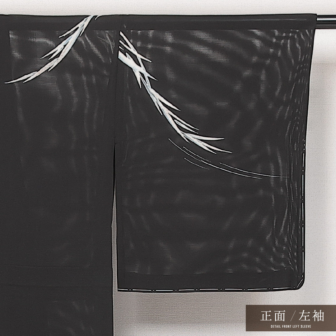 未使用品 訪問着 絽 身丈160cm 裄丈64cm Nランク 正絹 広衿 Lサイズ 一つ紋 セミフォーマル しつけ糸 刺繍 燕 船 柳 上品 しとやか 黒系 1212-13973