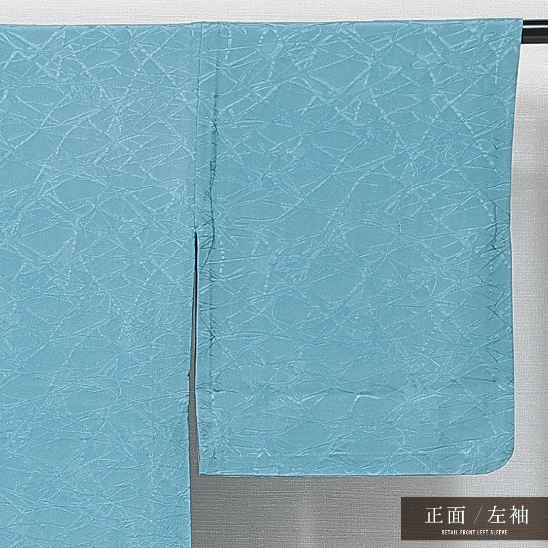 色無地 単衣 身丈162cm 裄丈65cm 正絹 Sランク Lサイズ 広衿 一つ紋(丸に片喰) セミフォーマル 紋意匠 抽象柄 織り出し 青系 1214-14769