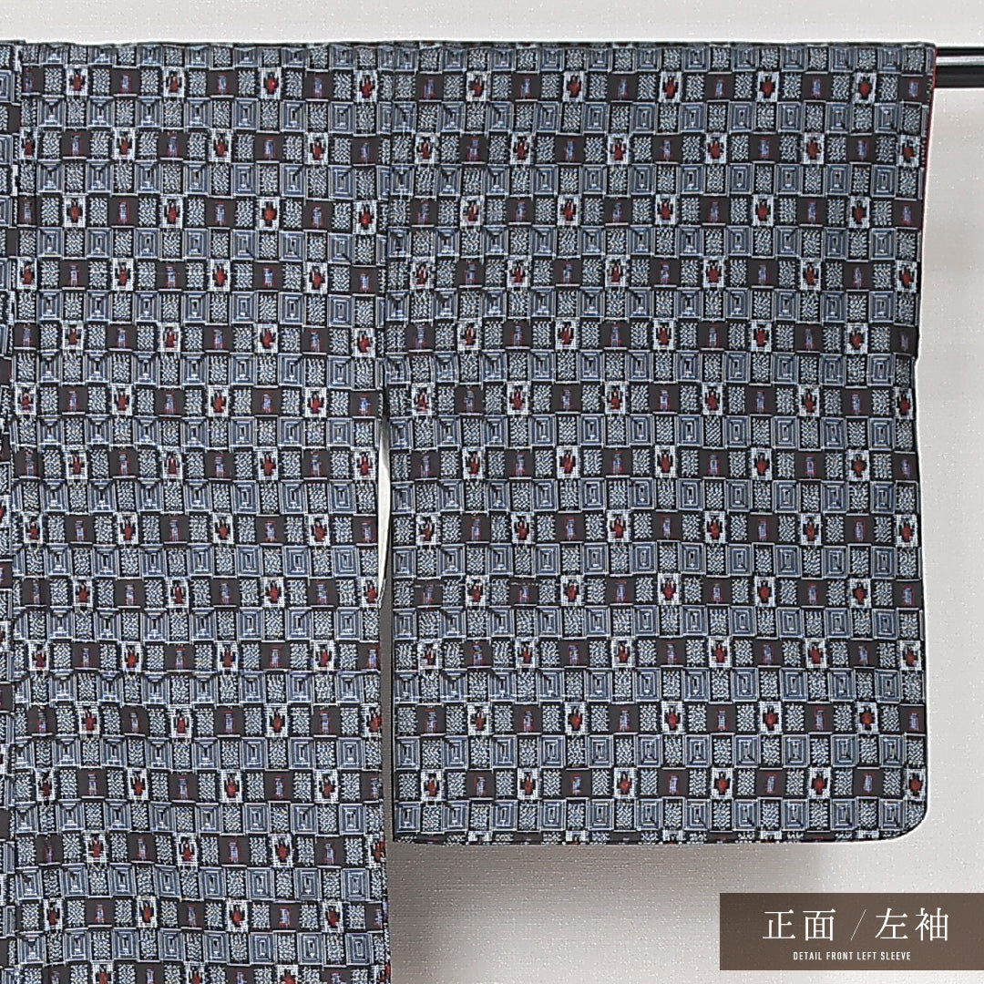 村山大島紬 袷 身丈159cm 裄丈64cm 正絹 Sランク インフォーマル バチ衿 Mサイズ 経緯絣 幾何学柄 紺系 RP 1223-13173