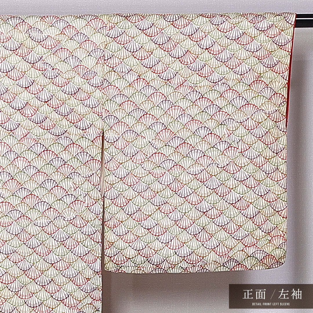 小紋 袷 身丈162cm 裄丈66cm 正絹 Bランク インフォーマル 広衿 Lサイズ 扇 クリーム系 HP 1221-11279