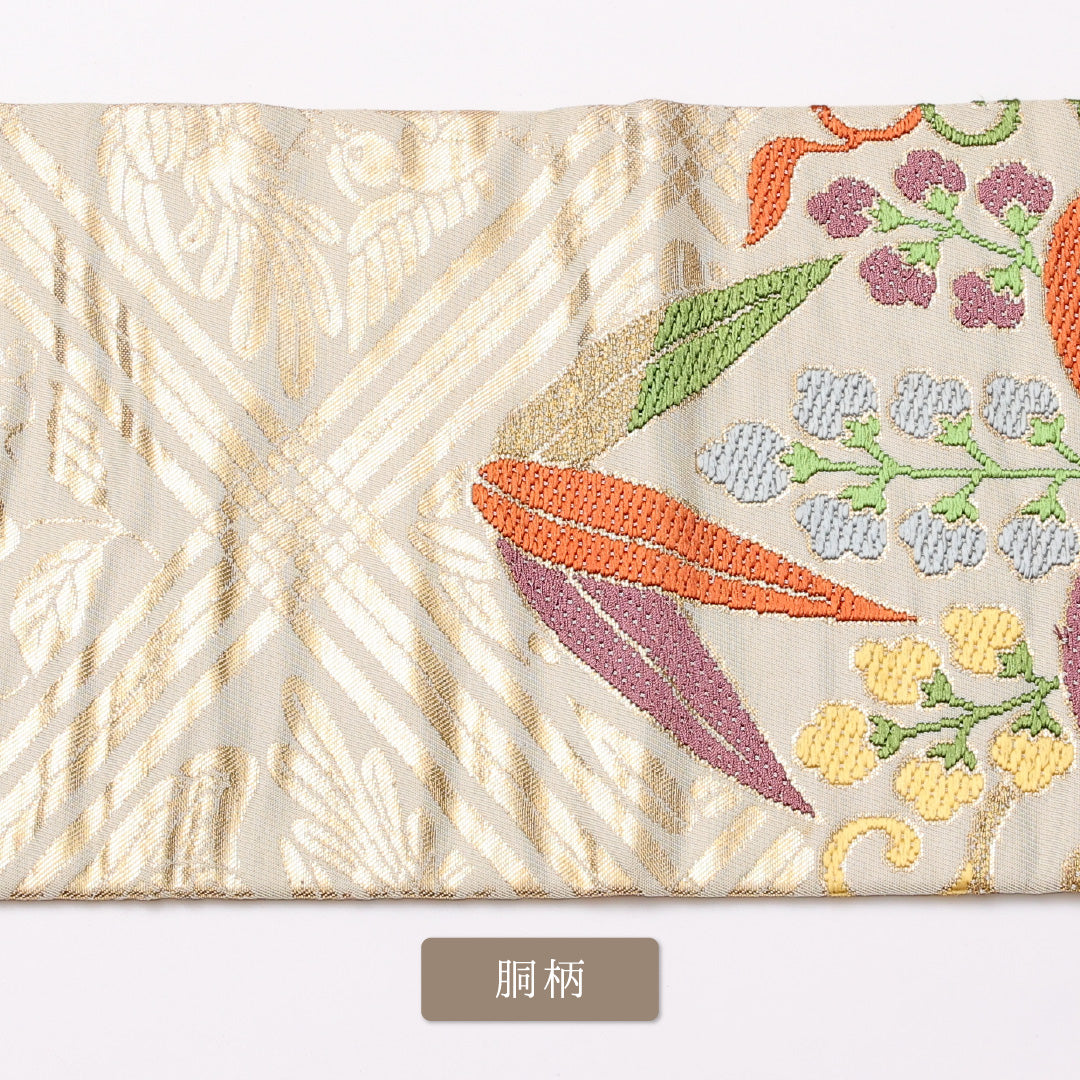 アンティーク 九寸名古屋帯 Aランク 帯丈334cm 正絹 全通 名古屋仕立て 織り 向かい鳥 金系 RP 1245-01095