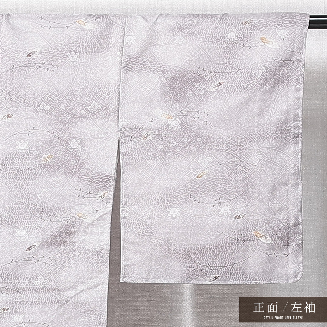 洗える着物 小紋 袷 身丈158cm 裄丈62cm ポリエステル Aランク インフォーマル 広衿 Mサイズ 扇 吉祥文様 グレー系 RP 1221-14904