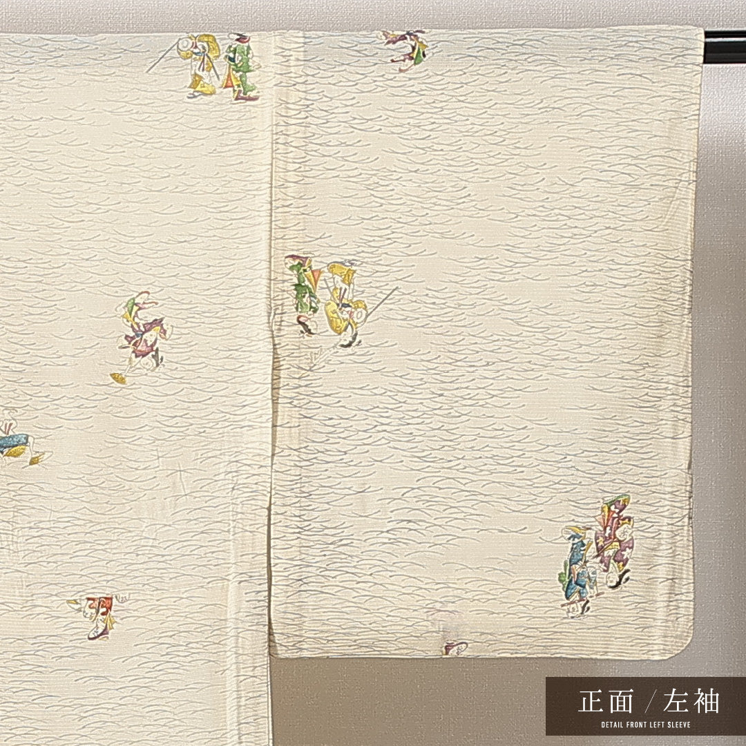 小紋 夏物 絽 身丈156cm 裄丈64cm 正絹 Cランク Mサイズ 広衿 インフォーマル 人物 ベージュ系 1215-14937