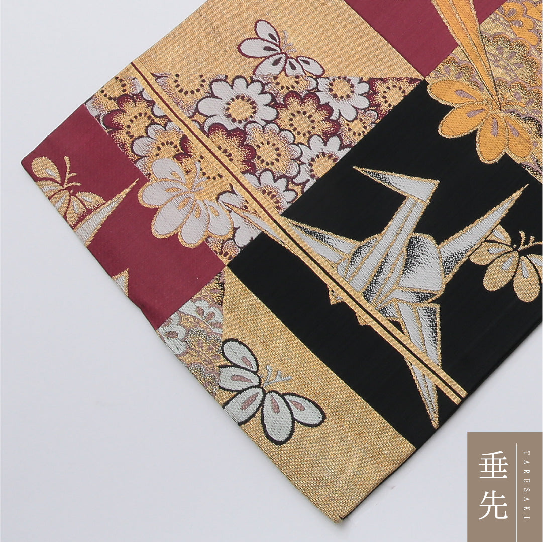 アンティーク 九寸名古屋帯 帯丈330cm 正絹 全通 創作仕立て 織り 金箔 大嶋織 蝶 菊 松 折り鶴 黒系 RP 1245-02031
