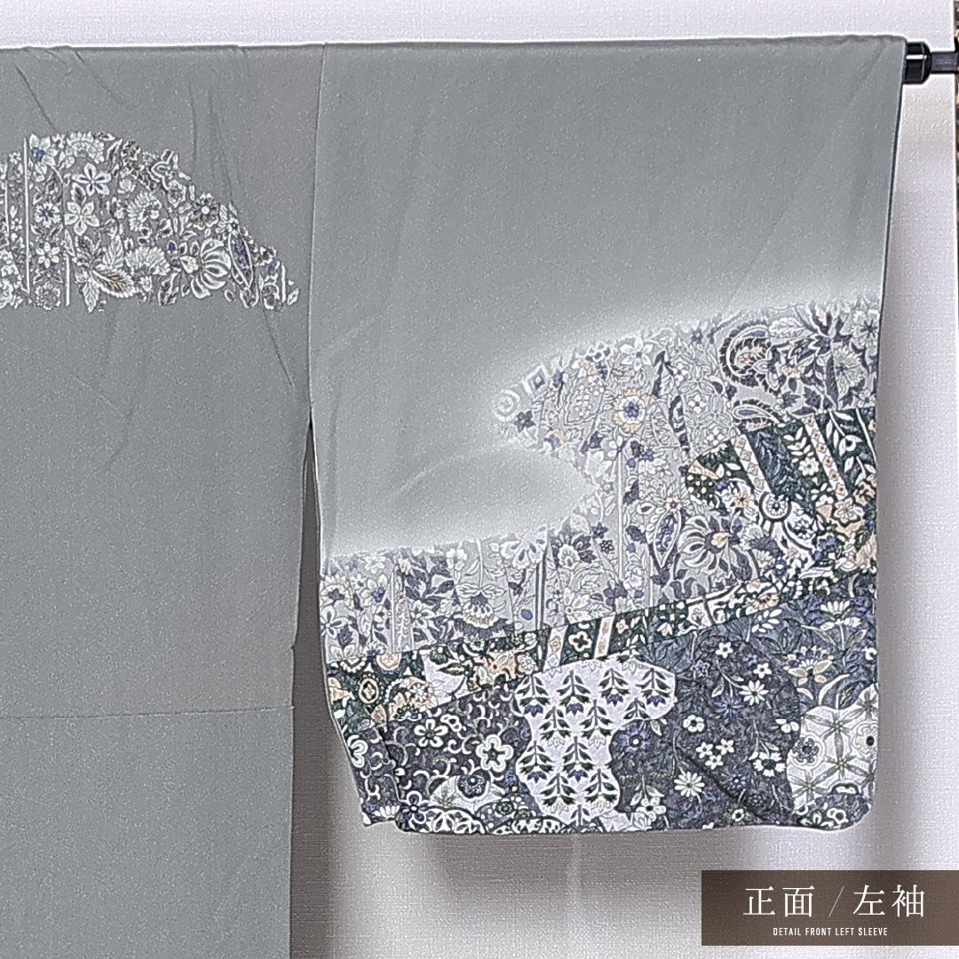 訪問着 (ちりめん) 袷 身丈150cm 裄丈66cm 正絹 Aランク セミフォーマル 広衿 Sサイズ 更紗 証紙 花柄 ちりめん グレー系 M4 1217-11209