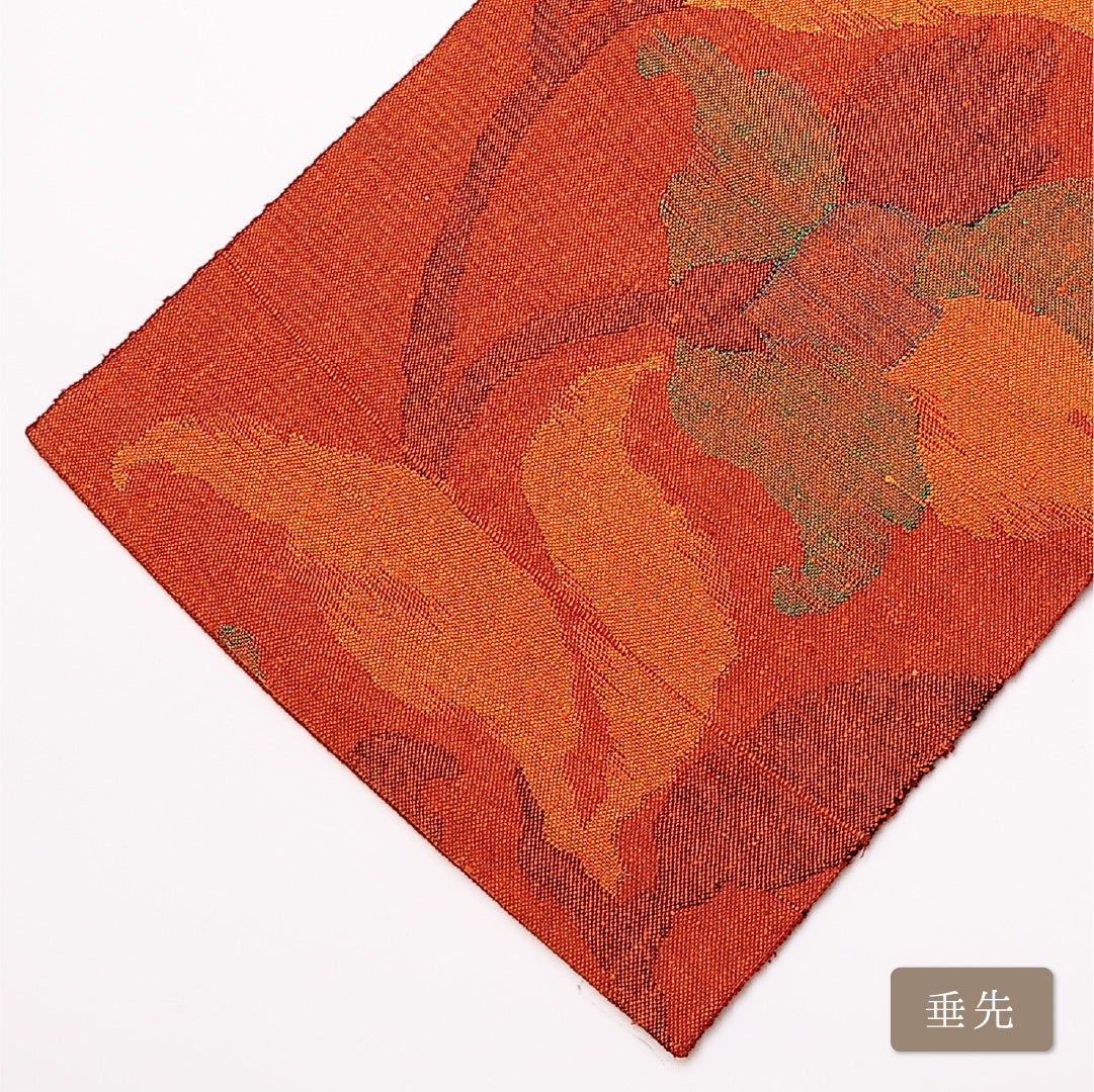 八寸名古屋帯 Sランク 帯丈352cm 正絹 六通 開き仕立て 織り カジュアル 紬 花柄 朱系 LP 1245-01177