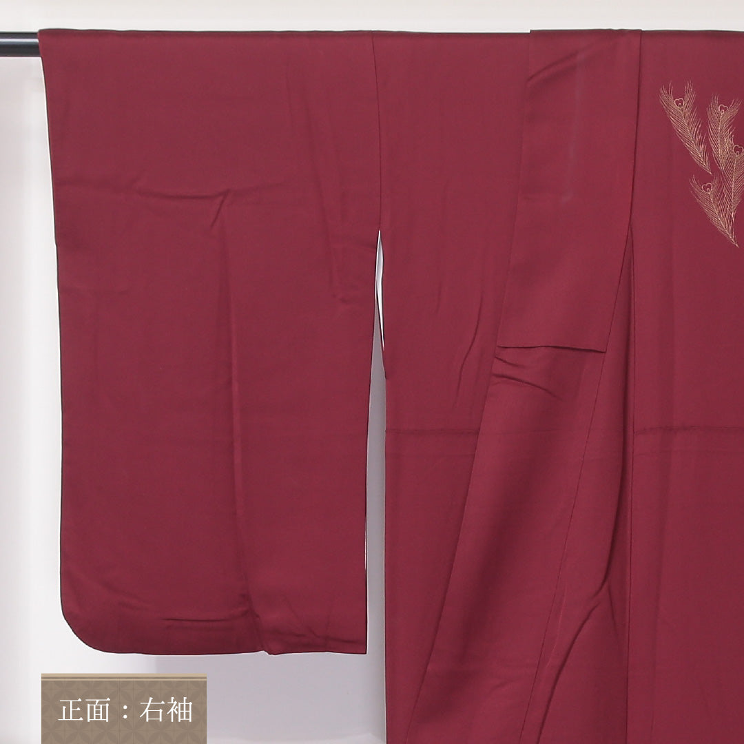 訪問着 袷 身丈160~164cm 裄64cm 正絹 孔雀や牡丹 金箔 臙脂色 赤系 Aランク 1212-00616