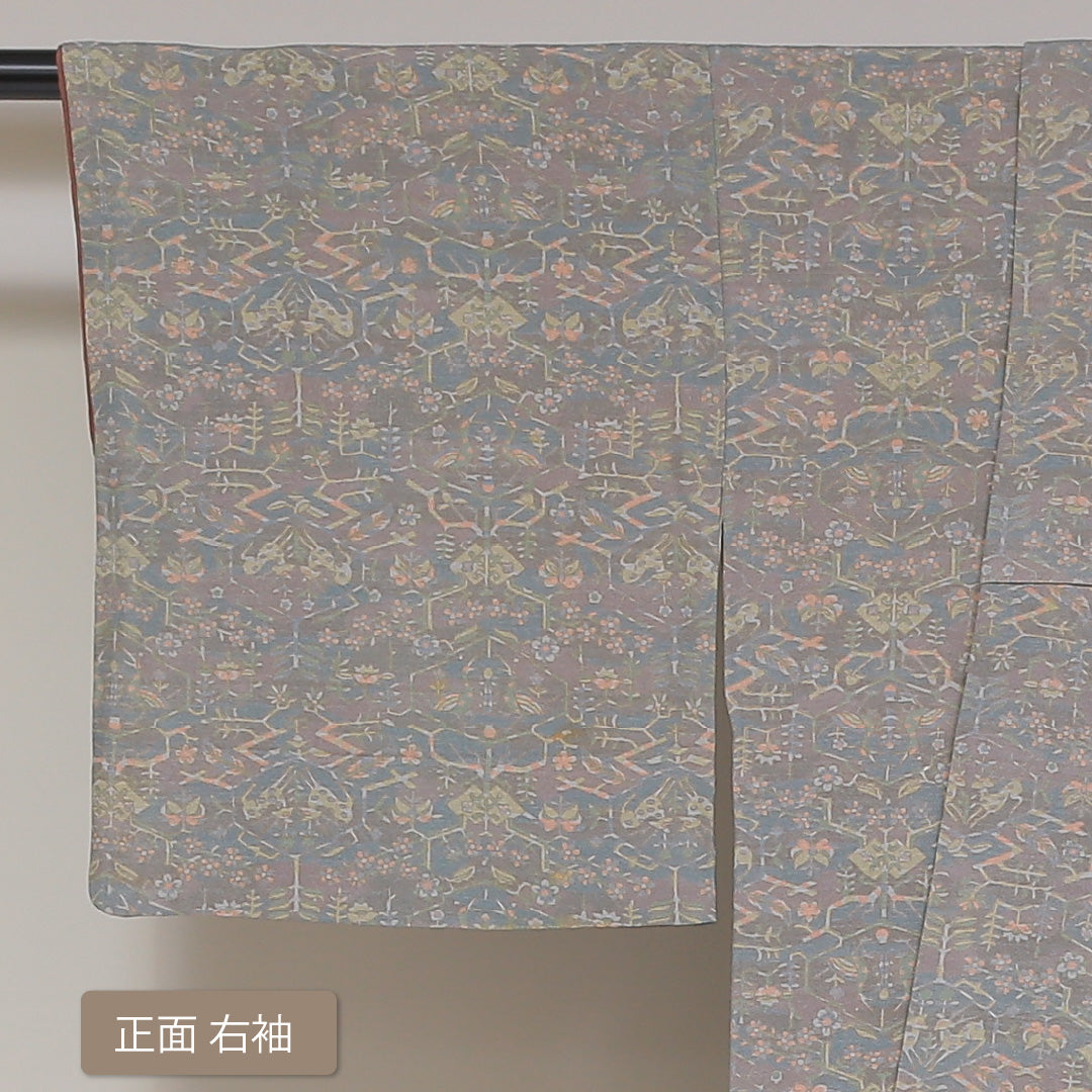 小紋 袷 身丈151cm 裄丈62cm 正絹 Aランク インフォーマル 広衿 Sサイズ 向かい鳥 緑系 RP 1221-01749
