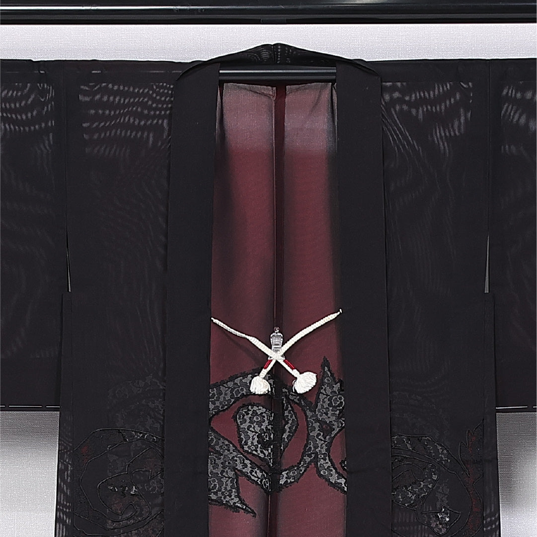 羽織 夏着物 身丈78cm 裄丈62.5cm S 正絹 Sランク 紗 黒羽織 紐あり 二重紗 薔薇 絵羽羽織 夏物 1217-11161