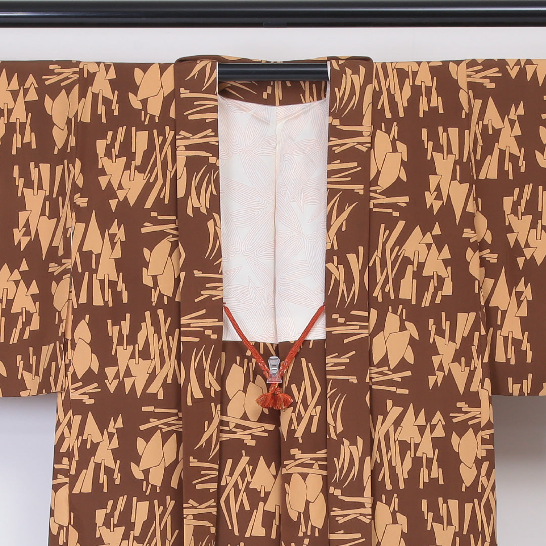羽織 袷 身丈80cm 裄丈63cm 正絹 Sランク カジュアル Sサイズ 紐あり 創作柄 茶系 RP 1232-06014