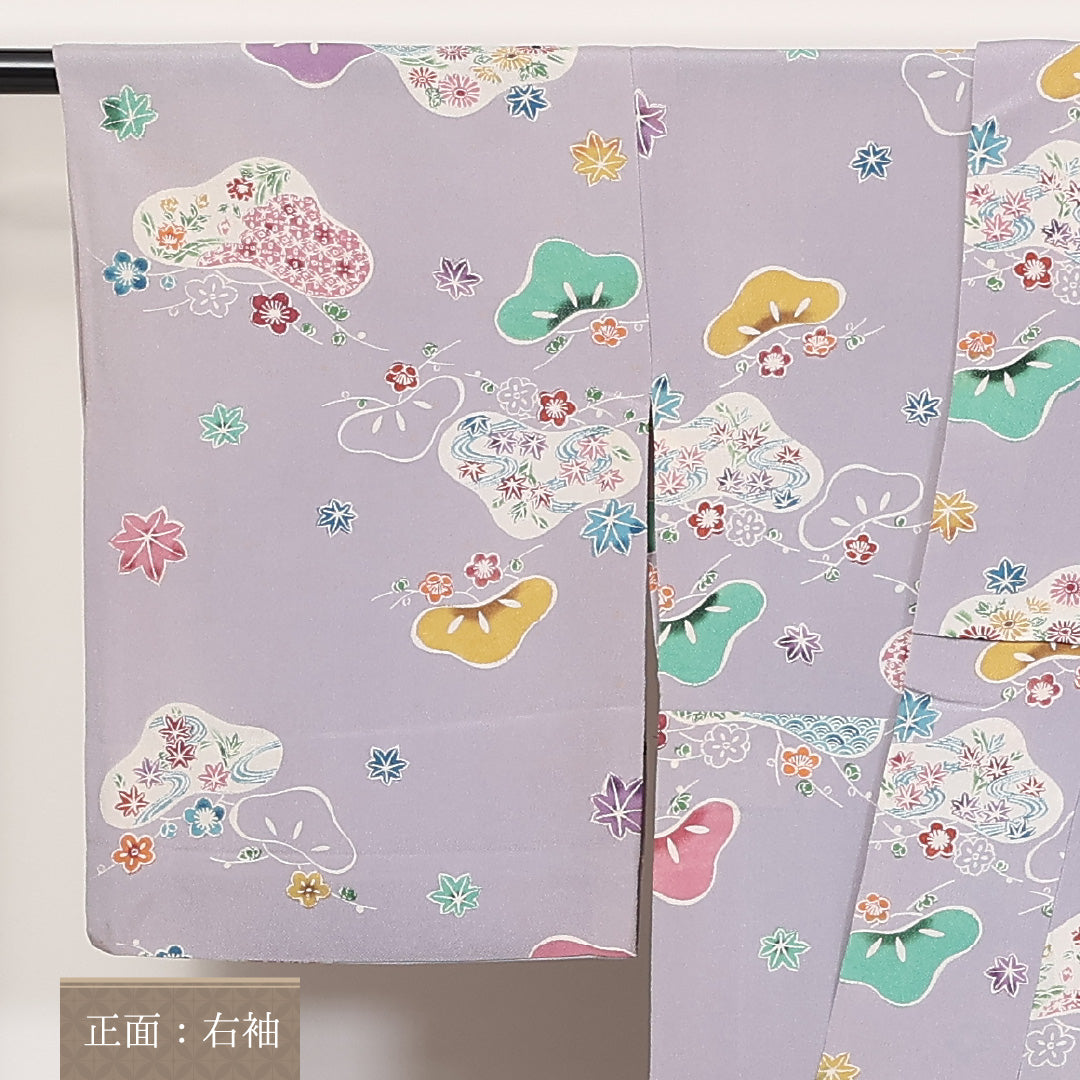 手染め紅型 小紋 単衣 身丈159cm 裄丈63cm 正絹 秀美謹製 Cランク Mサイズ 広衿 インフォーマル 居敷当て ちりめん 花柄 植物柄 証紙 紫系 1215-02297