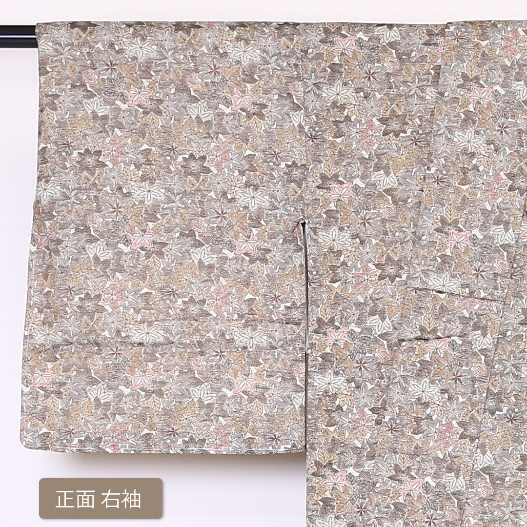 紬 袷 身丈155cm 裄丈62cm 正絹 Sランク カジュアル 広衿 Mサイズ 紅葉 楓 ベージュ系 RP 1223-03333