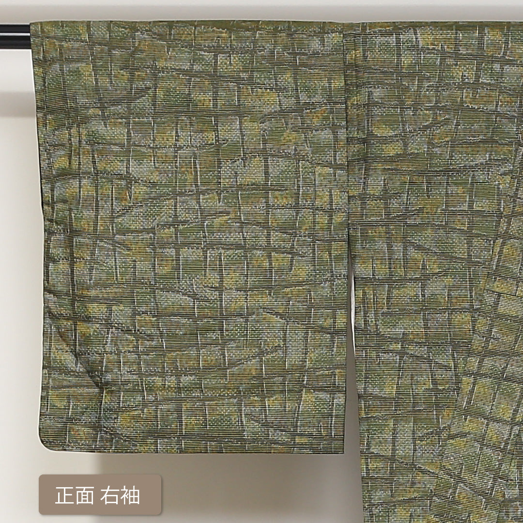 紬 袷 身丈157cm 裄丈65cm 正絹 Aランク カジュアル バチ衿 Mサイズ 創作柄 緑系 RP 1223-03122
