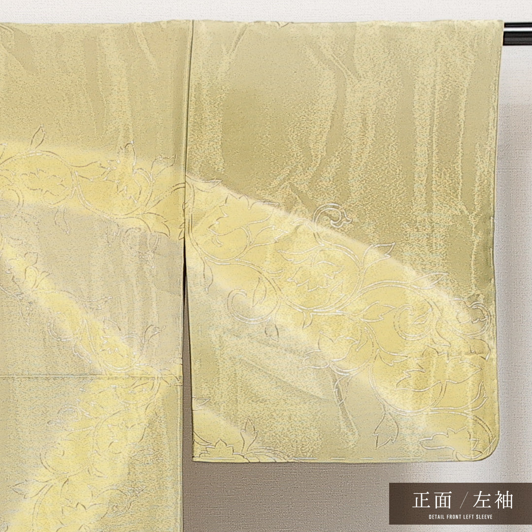洗える着物 訪問着 袷 身丈155cm 裄丈64cm ポリエステル Aランク 一つ紋 (丸に違い鷹の羽) セミフォーマル 広衿 Mサイズ 創作柄 金系 RP 1217-13982