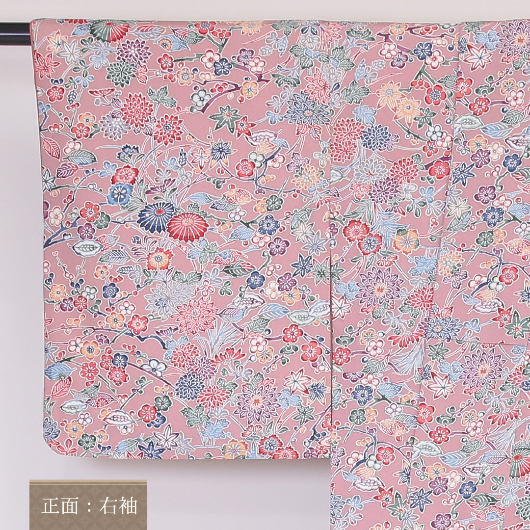 小紋 袷 身丈154cm 裄丈63cm 正絹 Aランク インフォーマル 広衿 Sサイズ 吉祥文様 ピンク系 RP 1221-02136